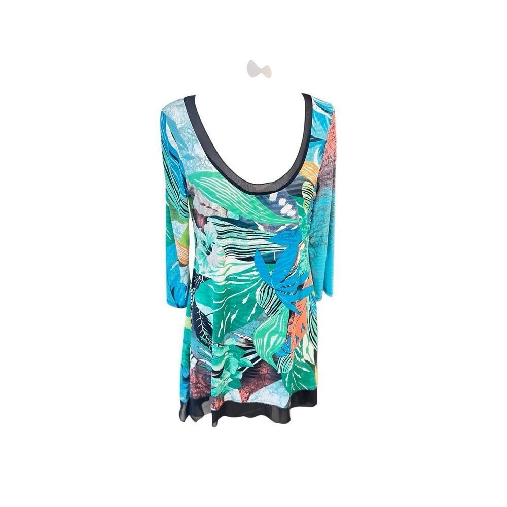 From The Heart Women's Tropical 3/4 Sleeve Scoop Neck Tunic Top Blue Size Medium